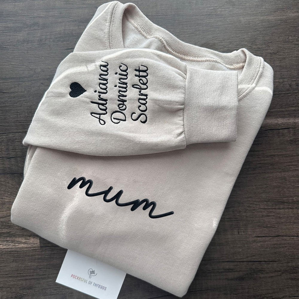 Custom Embroidered Mum Sweatshirt with Kids Names on Sleeve Mother's Day Gift for Mum Grandma