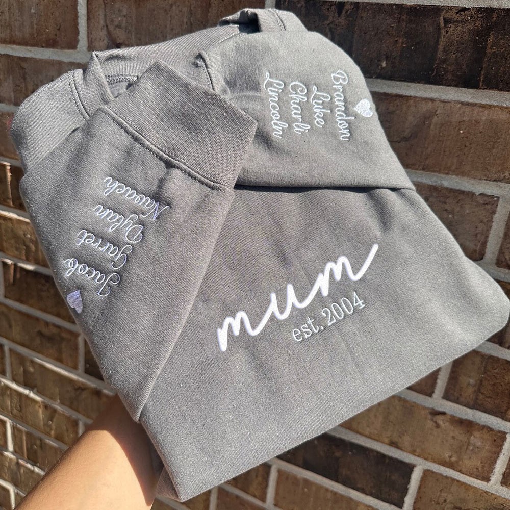 Custom Embroidered Mum Sweatshirt with Kids Names on Sleeve Mother's Day Gift for Mum Grandma