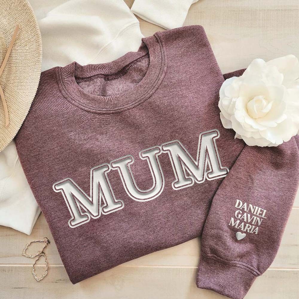 Custom Embroidered Mum Sweatshirt with Kids Names on Sleeve Mother's Day Gift for Mum Grandma